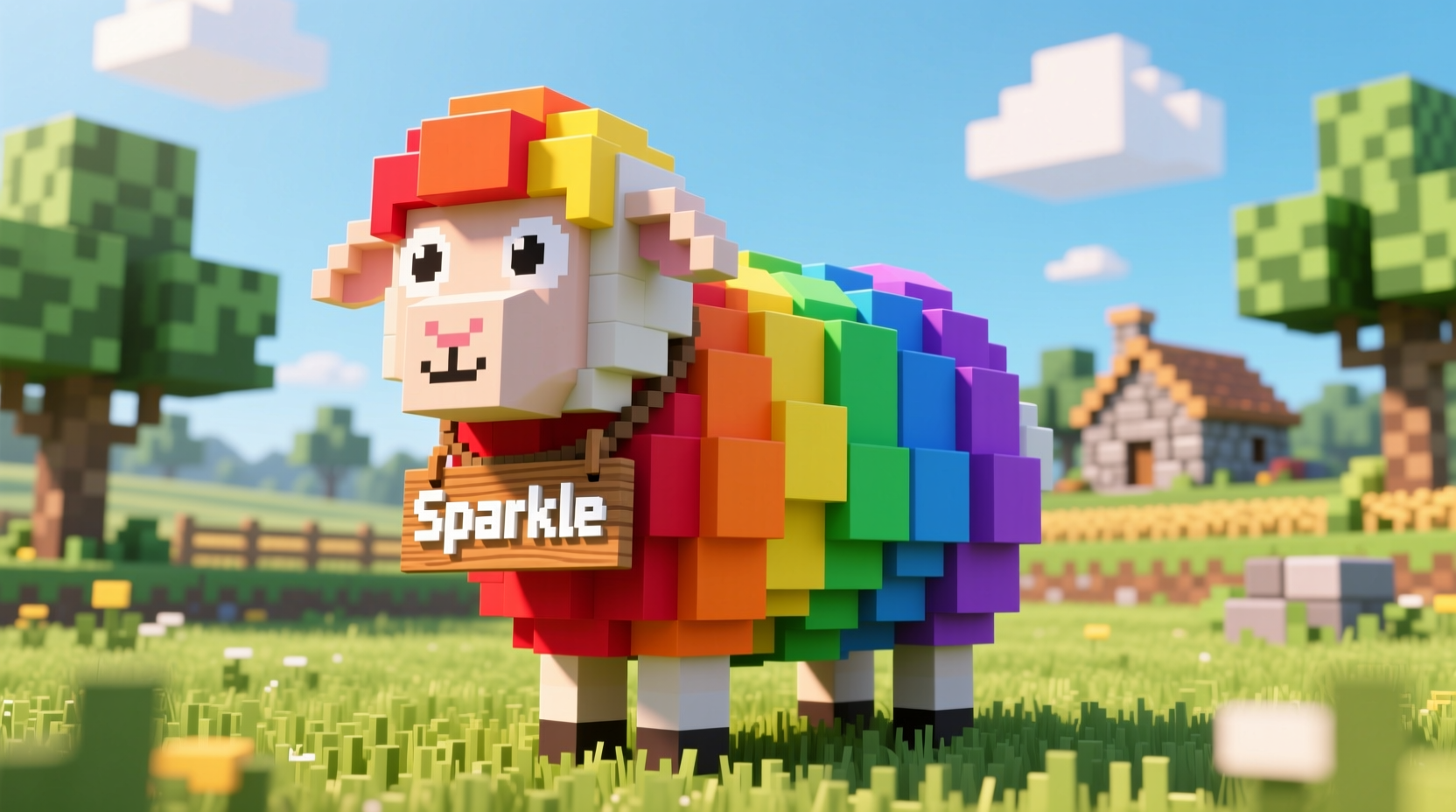 Named sheep displaying rainbow wool effect in Minecraft