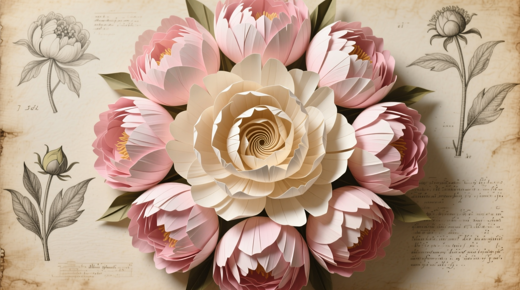 Paper peony layers arranged in circular pattern