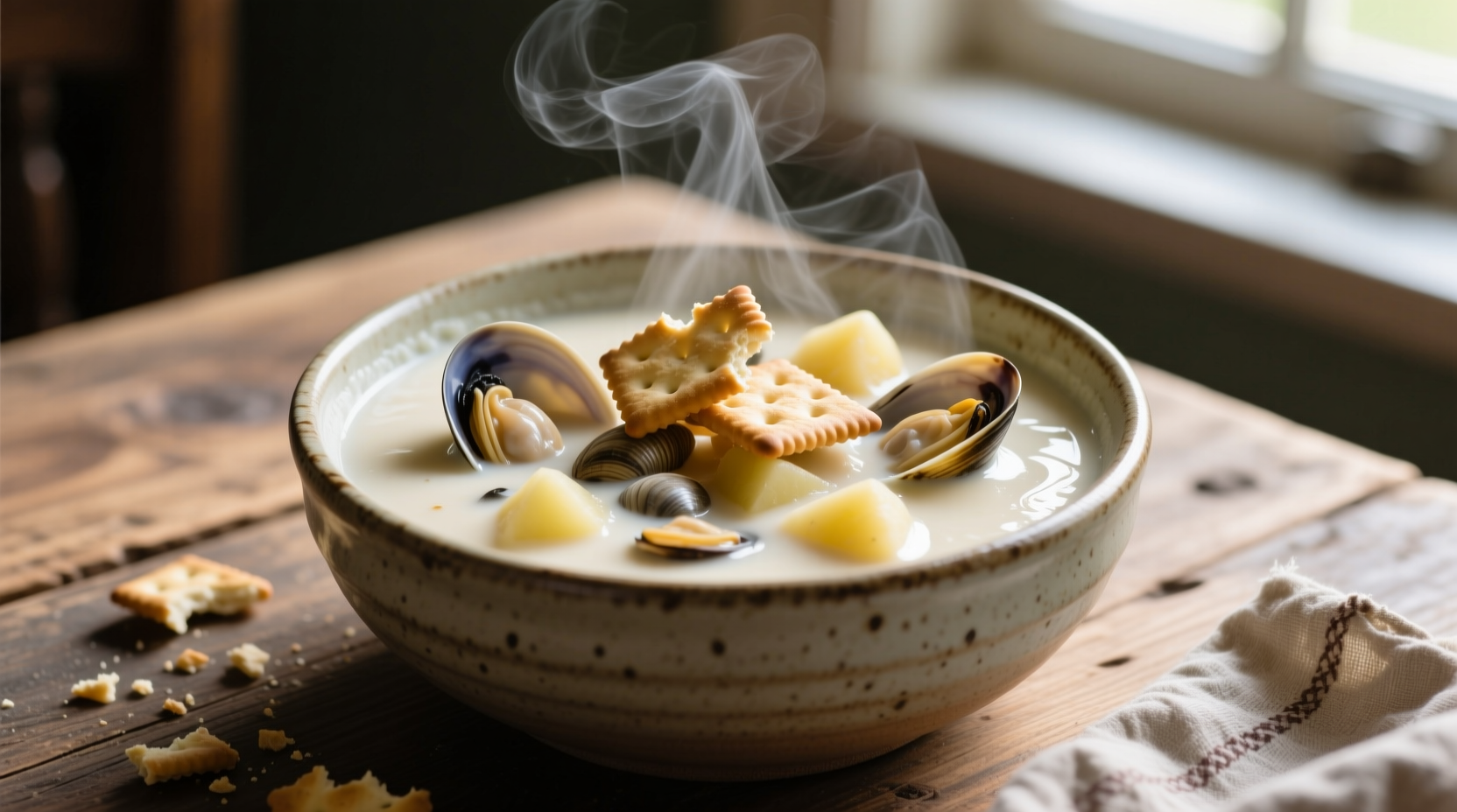 Bowl of creamy homemade clam chowder with oyster crackers