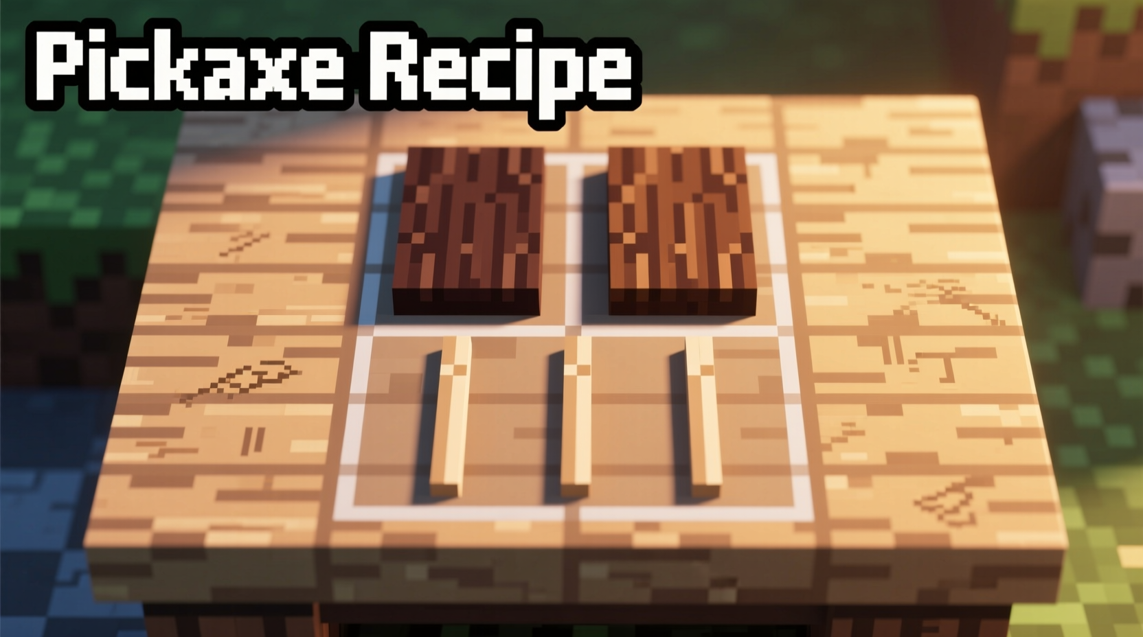 Minecraft crafting grid showing pickaxe recipe