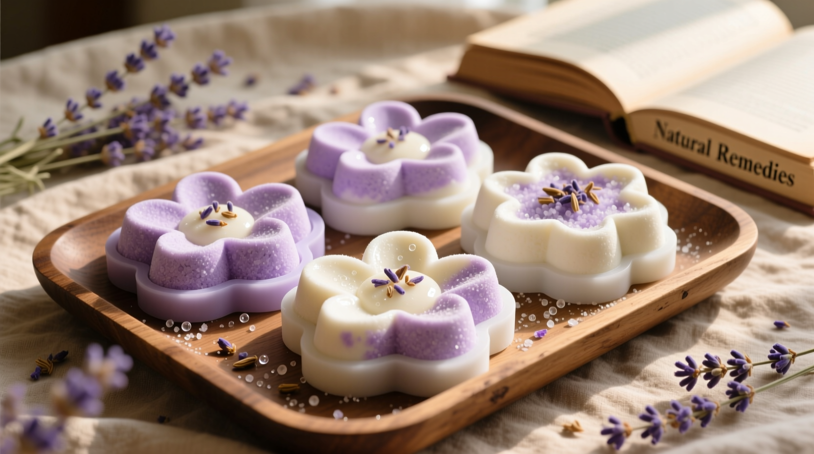 Homemade bath bombs in silicone molds with dried lavender