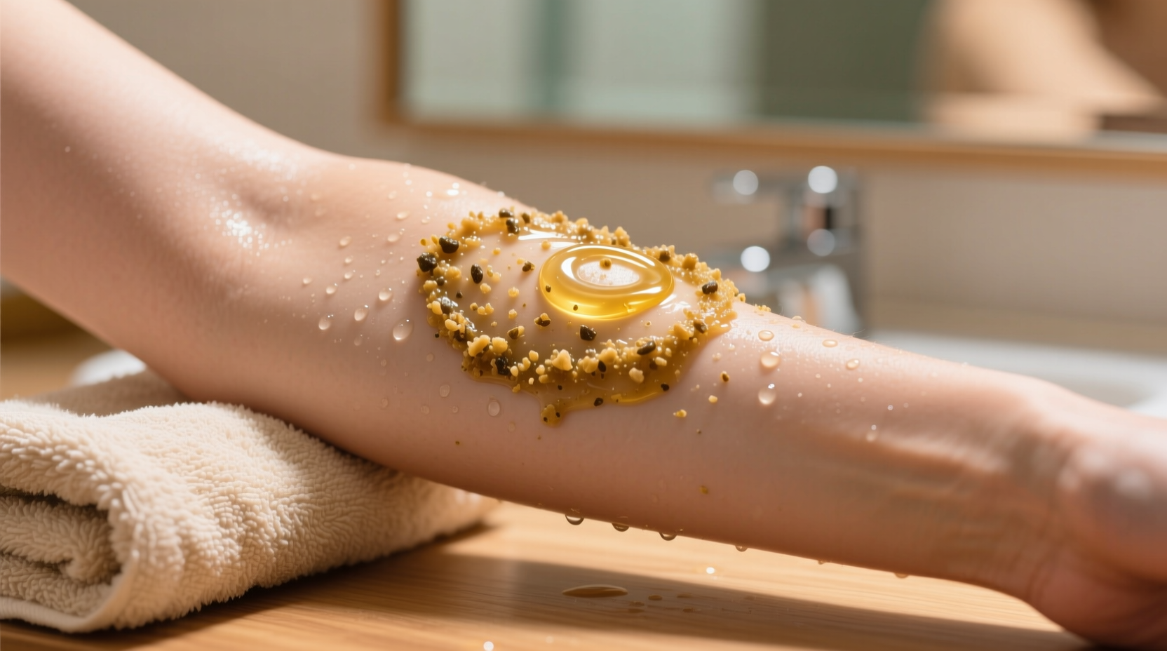 Applying natural body scrub on arm showing smooth skin