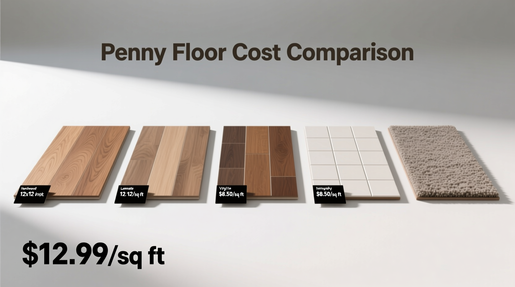 Penny floor cost comparison showing materials laid out with price tags