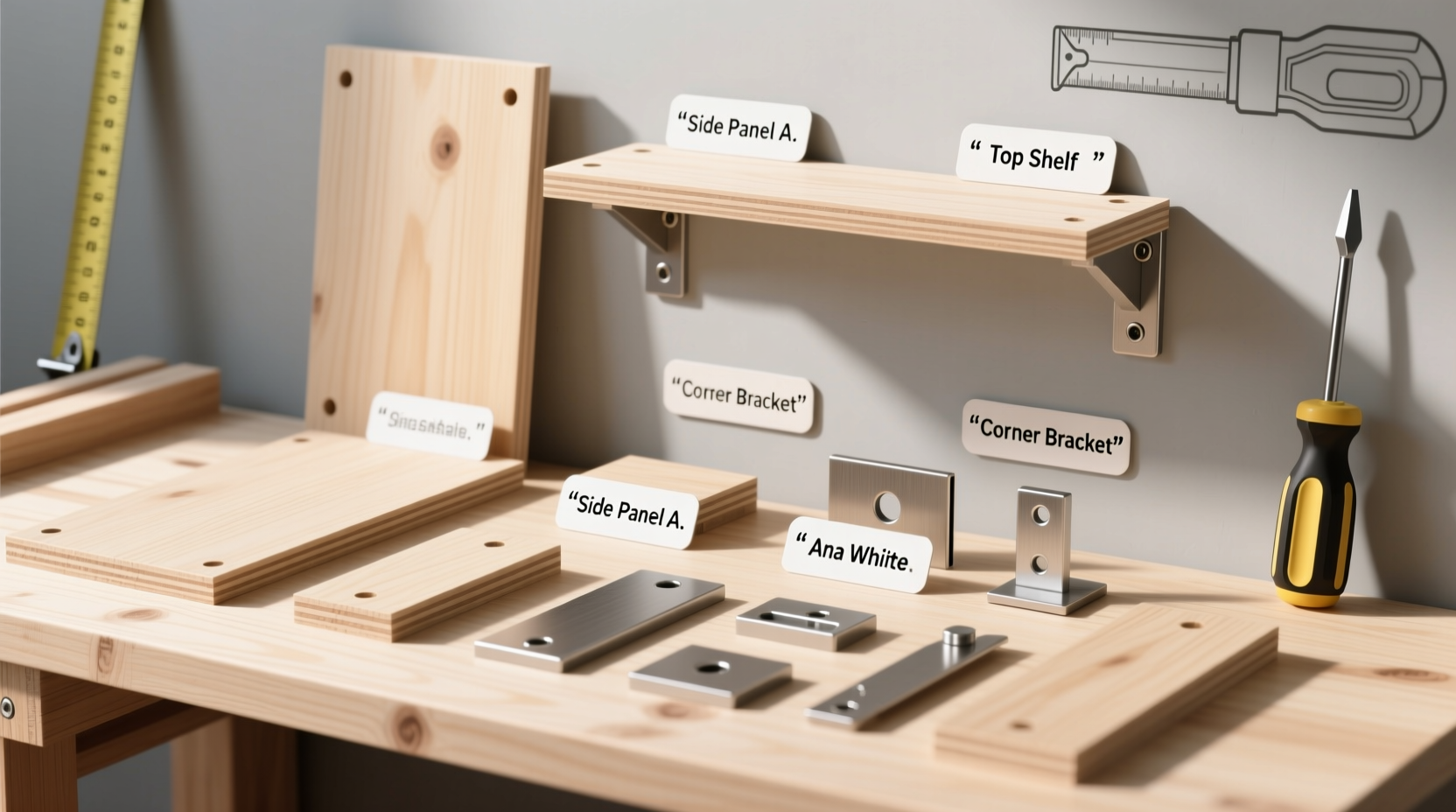 Ana White DIY project dry assembly demonstration with labeled parts