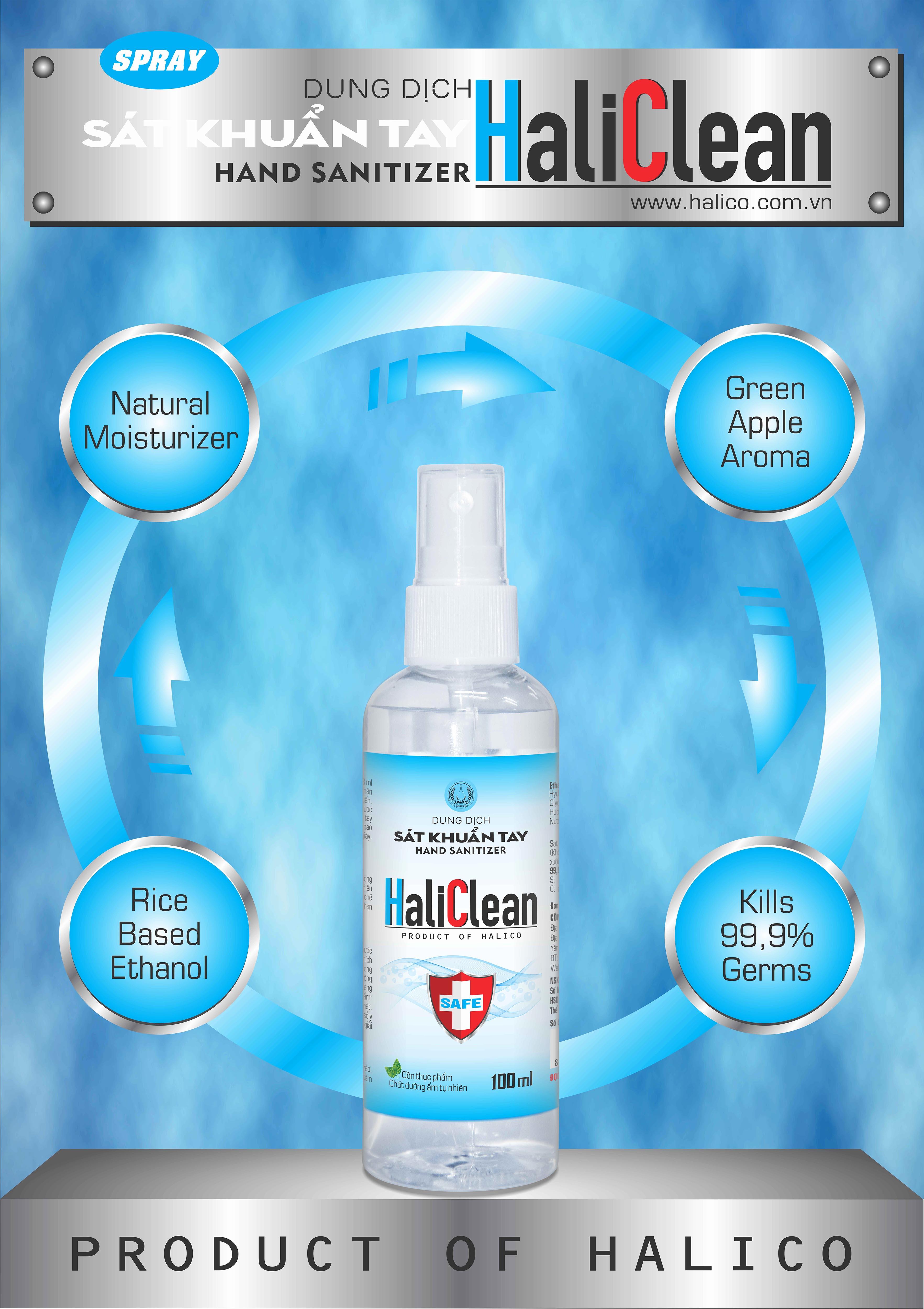 HaliClean 100ml 80% alcohol hand wash in spray bottle for sale