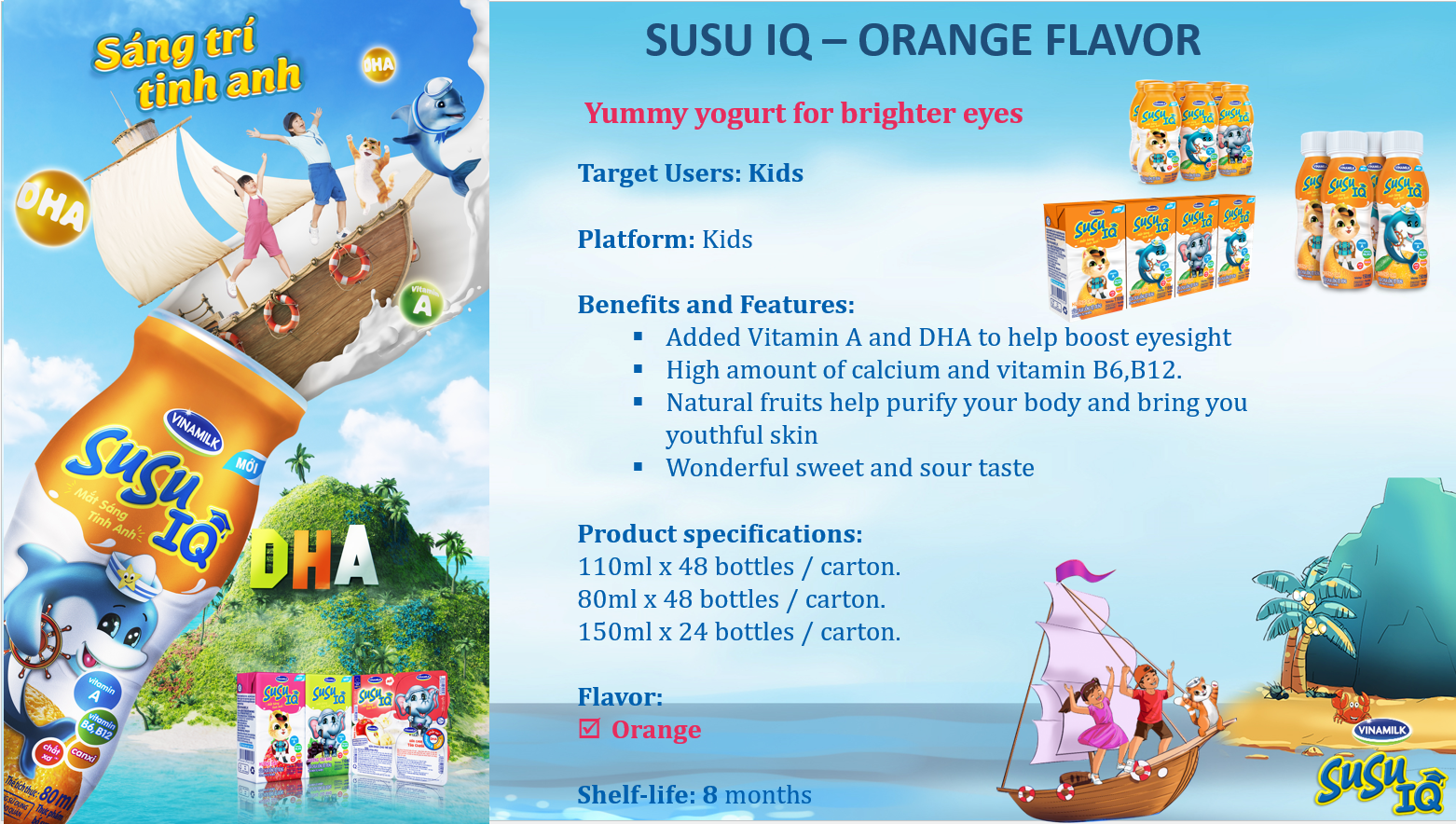 Drinking Yogurt - Vinamilk - Susu IQ Brand - for Kid - Orange Flavor - Bottles 80ml X 48 Per Carton 0.08 % Fat GMP, HALAL, ISO,