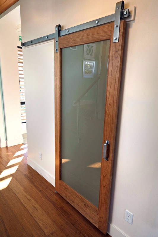 Holiday Inn Style Stile & Rail Sliding Wood Door Panel with Full Tempered Frosted Glass Insert