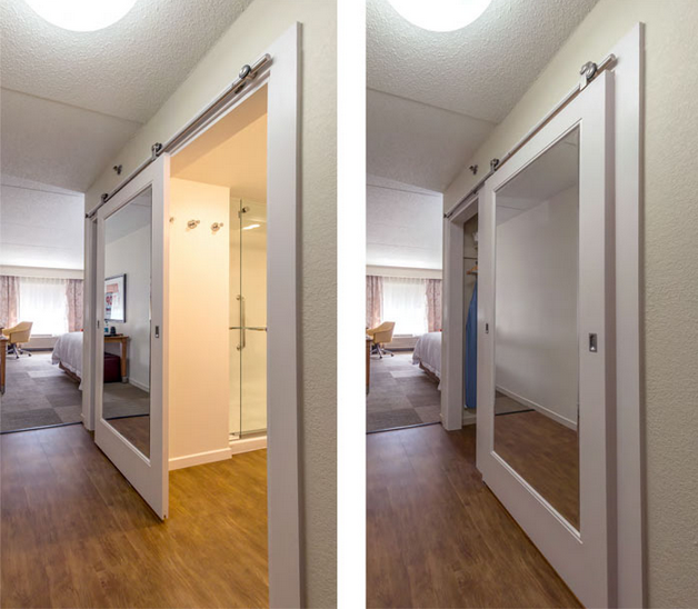 Elegant white insulated balcony mirrored sliding glass wood barn door