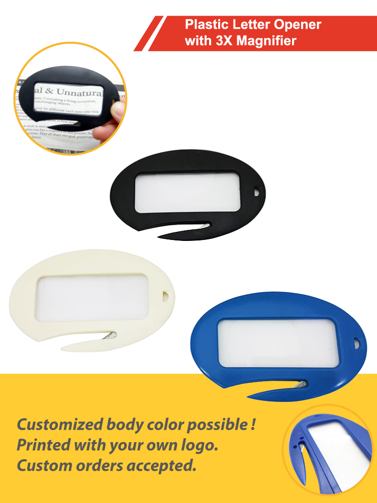 Promotional High Quality Handy Plastic Letter Opener with 3X Magnifier