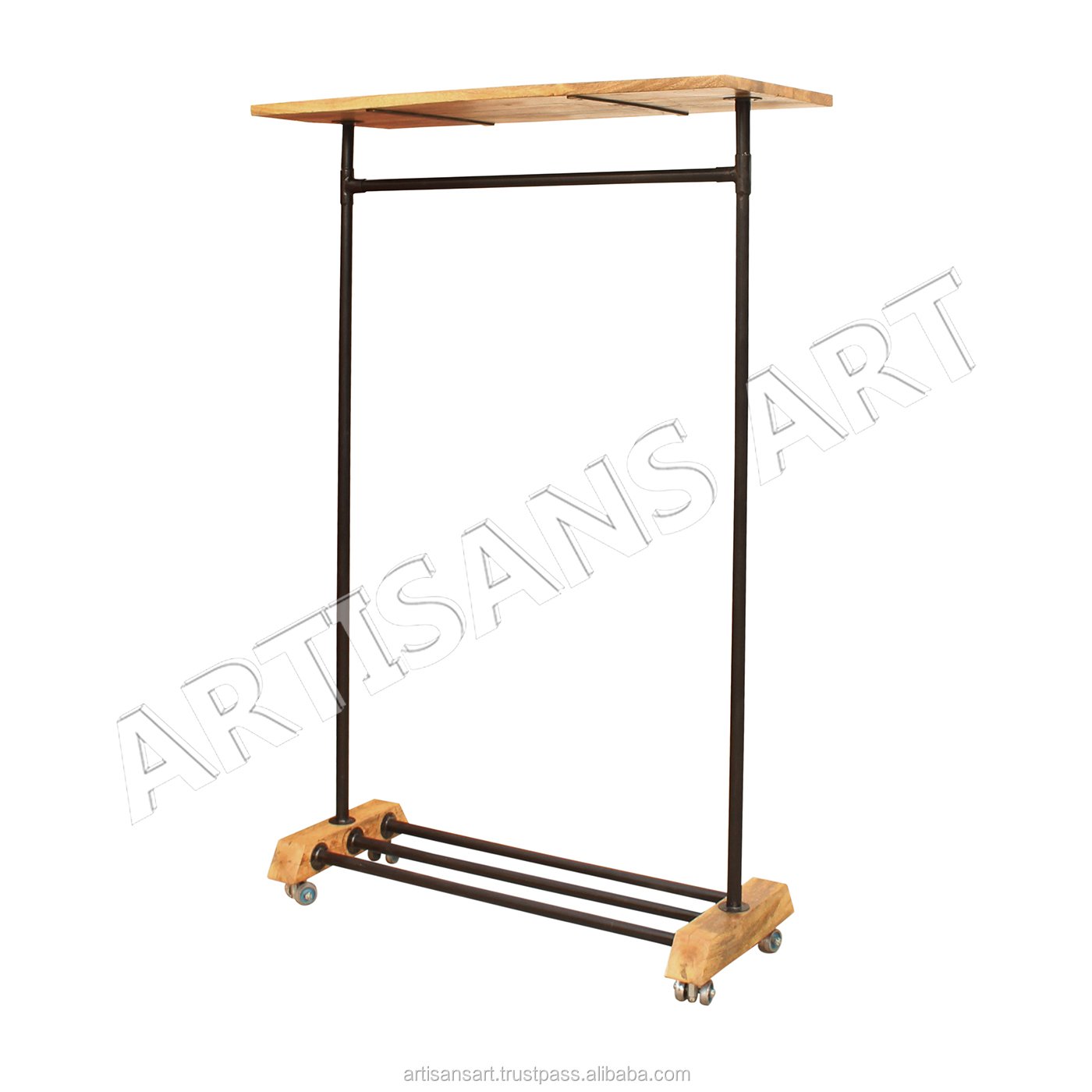 Vintage industrial clothes hanger with shoe stand on wheels rustic metal wood coat stand shoes rack home storage & organization