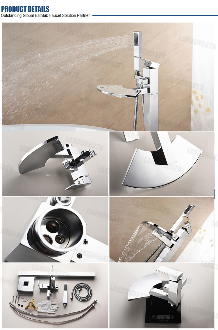 Freestanding Tub Filler Waterfall Bathtub Faucet Floor Mount Brass Bathroom Faucets with Hand Shower room