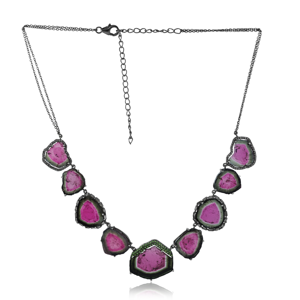Multi Sapphire Gemstone 14k Solid Yellow Gold Pave Diamond Designer Chain Necklace Jewelry Wholesale