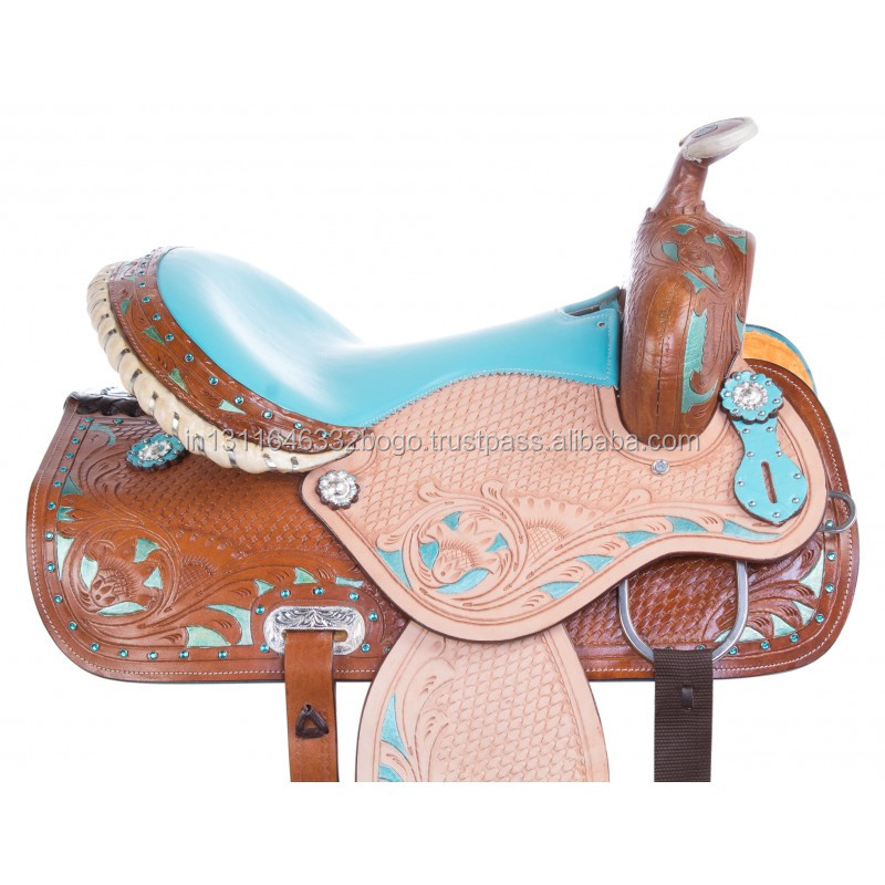4 Conchos Selle Western Turquoise – Gravure Fleur – Tête De Chantournement Rond – Challenger