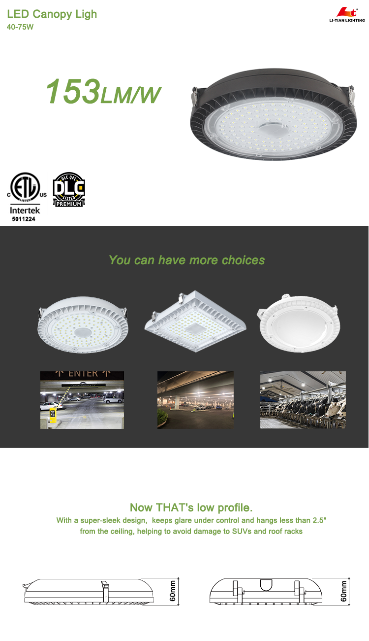 Garage LED Light canopy 40W 60w 75W Round Low Bay Canopy 150lm/W