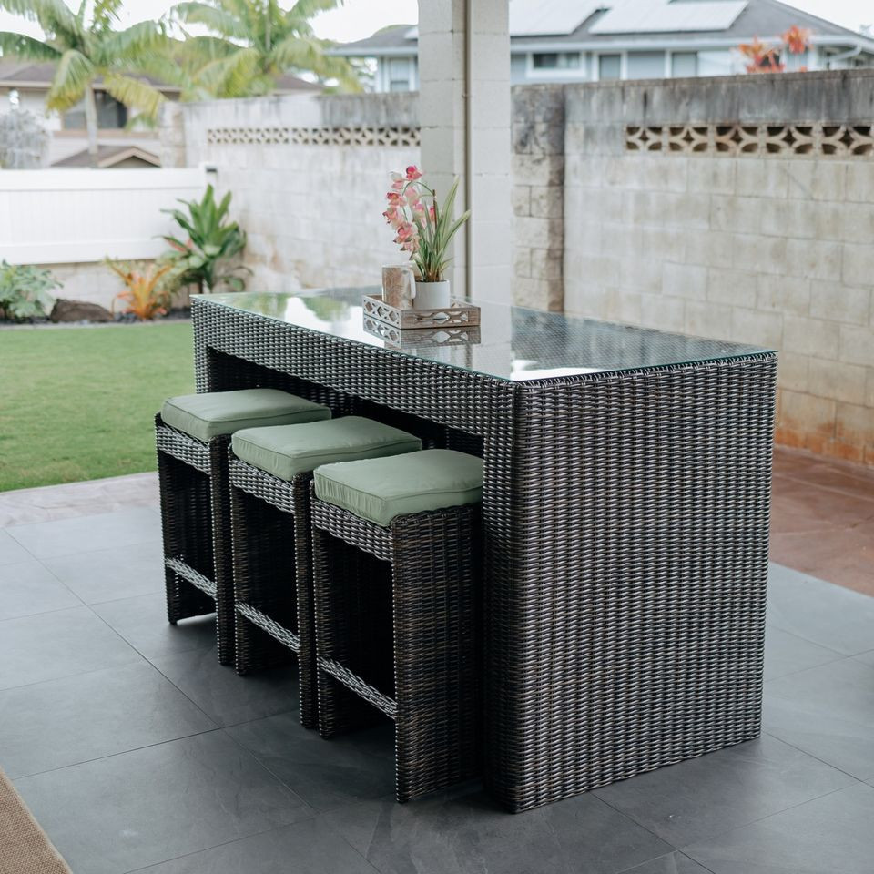 4 Piece Patio Rattan Wicker Outdoor Furniture Bar Set with 3 Stools Removeable Cushions and Temper Glass Top