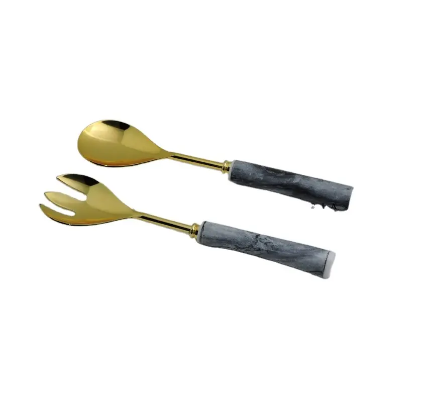 Gold Plated Luxury Salad Server With Marble Handle for Serving the Salad New Design Cutlery Set Metal Flatware Spoon And Fork