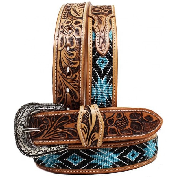 American Premium Leather Cowboy Designer Beaded Belt Men's Gift Western Fashion Bling Luxury Belt Cow Hide Floral Hand Tooled
