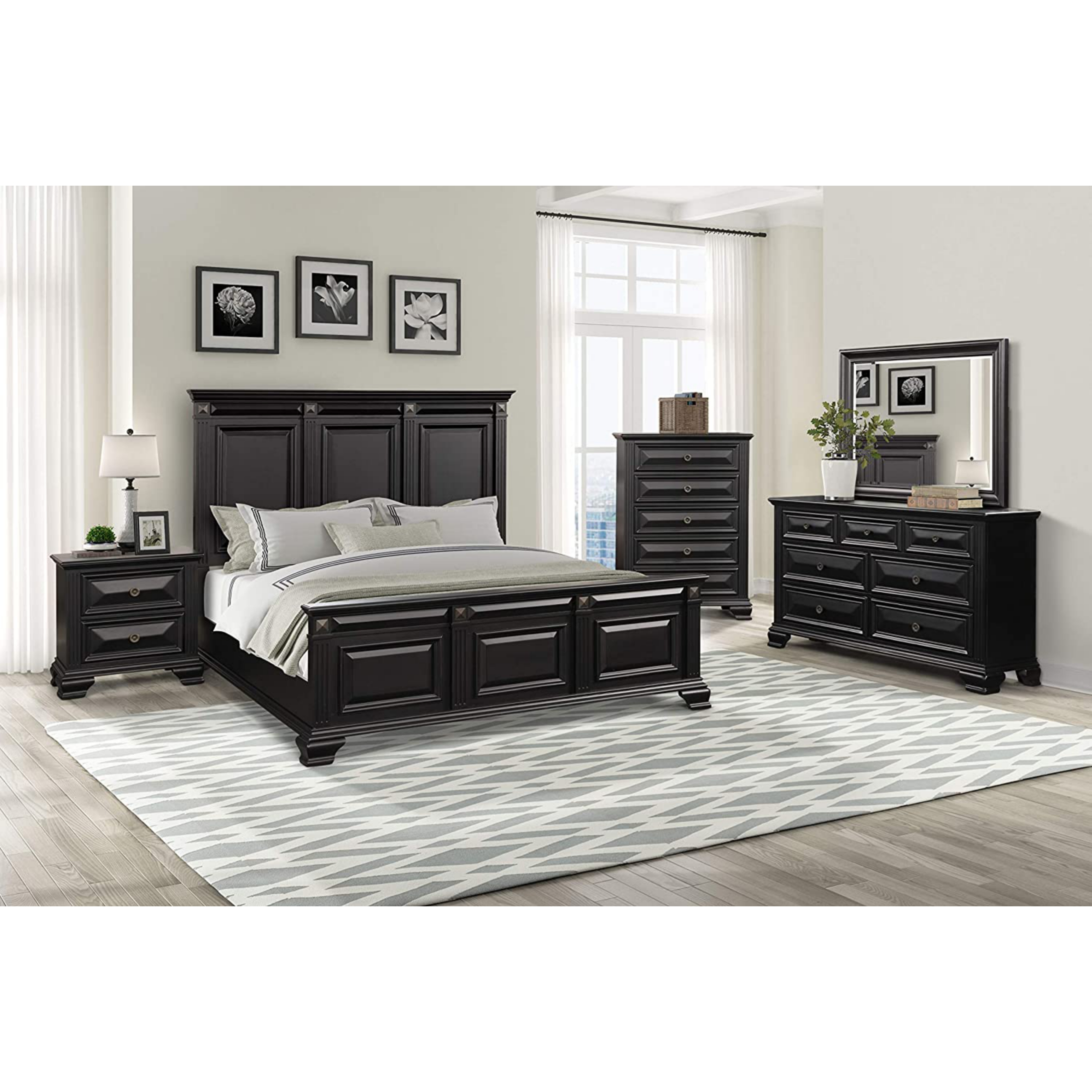 Meridian Wooden Bedroom Furniture Sets, King Bed, Dressing Table, Mirror, Desk, Vintage Black