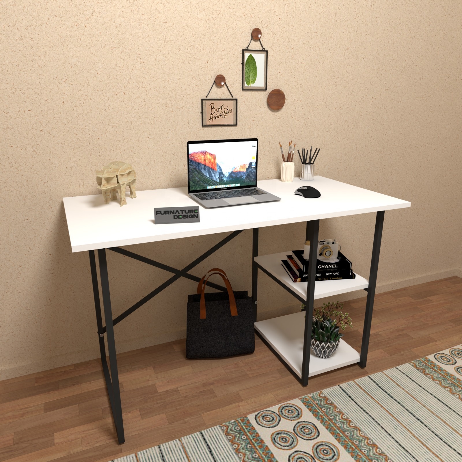 FurnatureDesign White Study Laptop Desk 2 Shelves Home Office Easy Assemble Work Table for Office Computer Desk Writing Desk