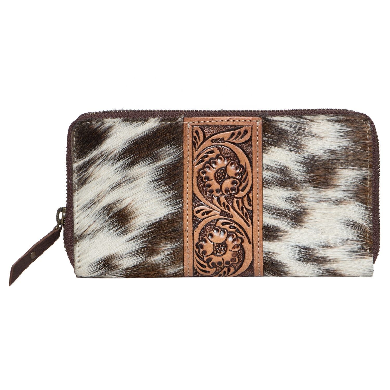 Natural Cowhide Fur Leather Stylish Hand Tooled Western Wallet Trendy Wallet Clutch Bag Genuine Leather Wallet
