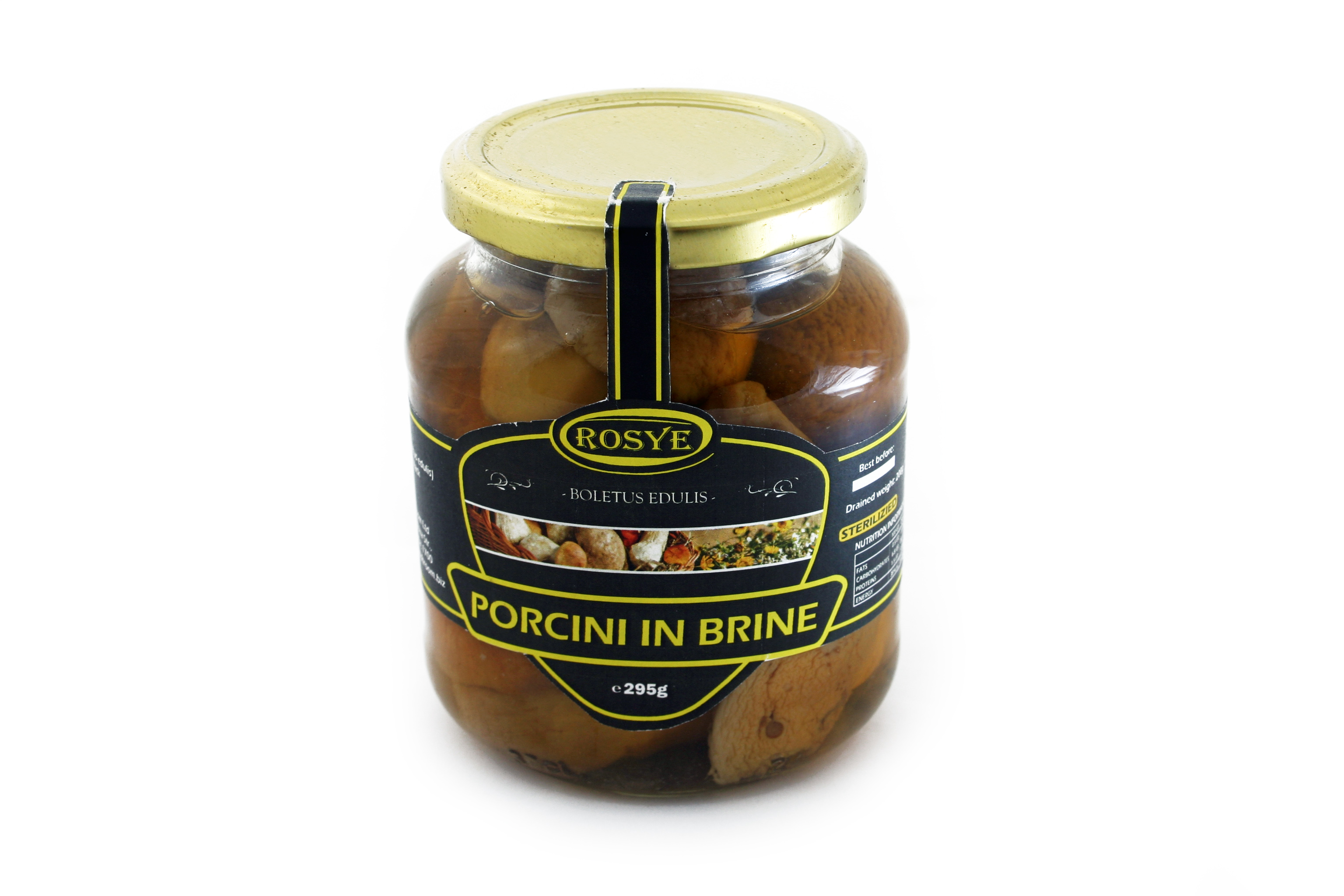 Saffron milk cap mushroom (Lactarius deliciosus) in glass jar. For distributors on retail market. Private labeling.