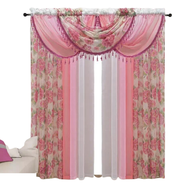 Modern Home Textile European Style Curtains Blinds Luxury 4 Pieces Curtains with 3 Pieces Valances Curtains Set for Living Room