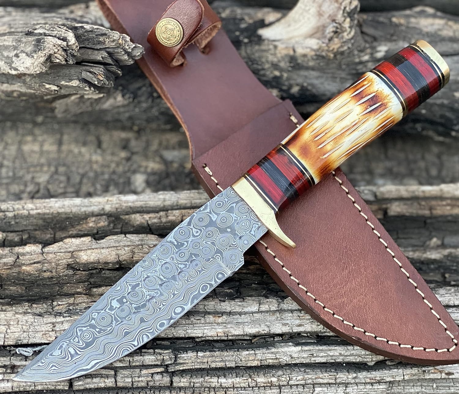 Handmade Damascus steel hunting knife with camel bone handle and fine leather sheath butcher knife Camping knife
