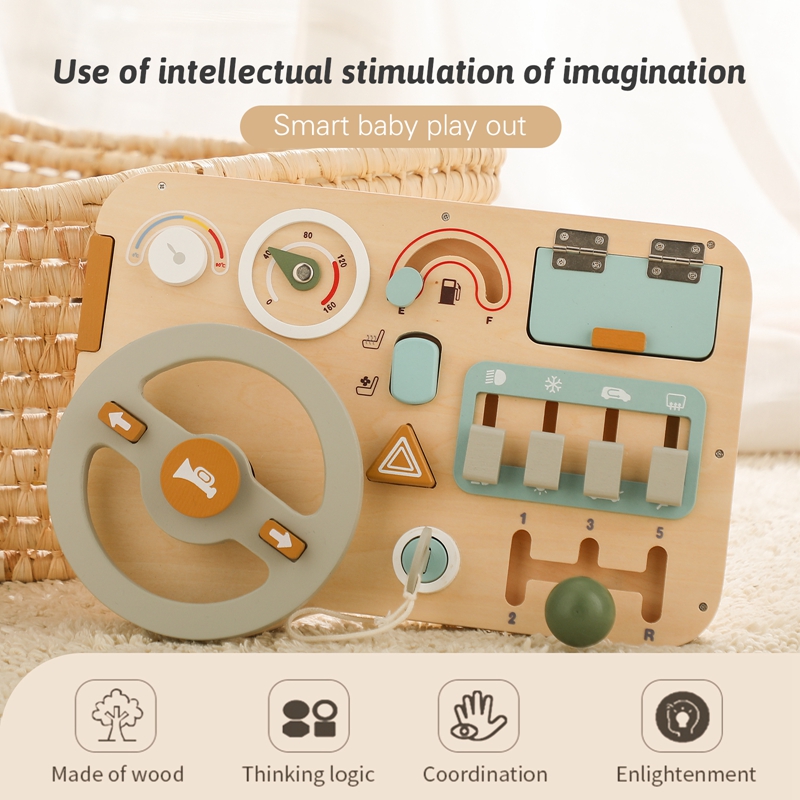 OEM Driving Learning Steering Wheel Wooden Educational Busy Board Montessori Toys For Children Education Toys
