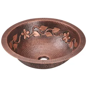 Durable Quality High On Demand Copper Sink In Vintage Look With Leaf Design Used For Home And Hotels In Kitchen Usage