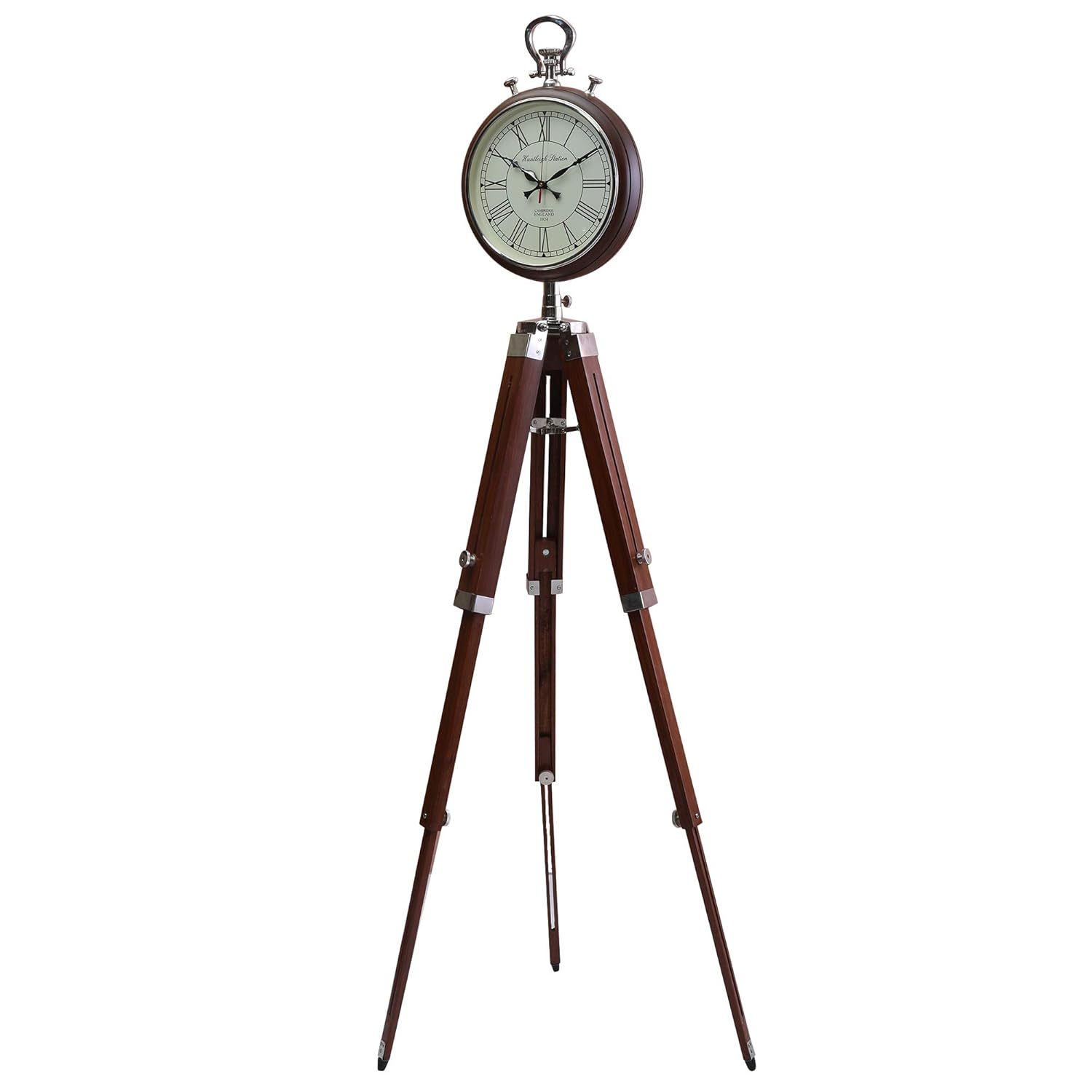 12-Inch Brown Teak Wood Tripod Clock 3 Legs Metal Frame Quartz Alarm Wall Decorative Art Featuring Abstract Number Office