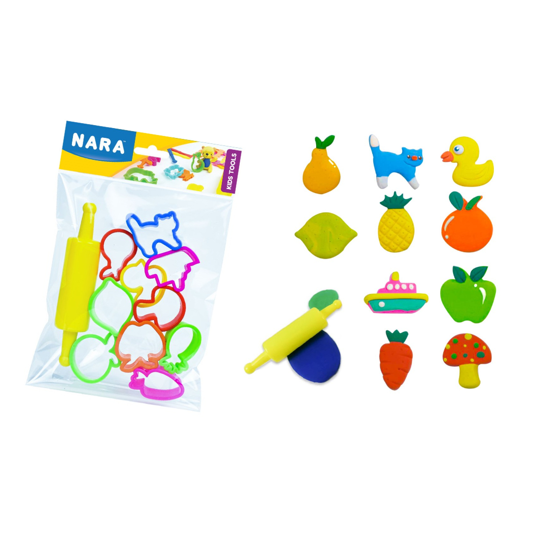 Special Plastic Kids Tools 10 Cute Small Fruit and Animal cutter with 1 Roller Pin Clay Mold Easy To Shape, Cut DIY Play dough