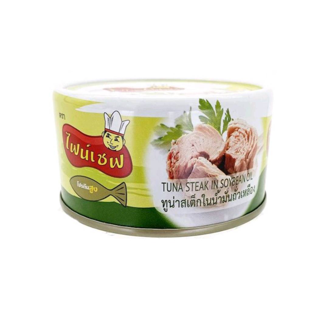 Консервированный стейк тунца от FINE CHEF BRAND в сои, вес нетто 185 г/банка, хорошее качество, консервированный тунец из Таиланда