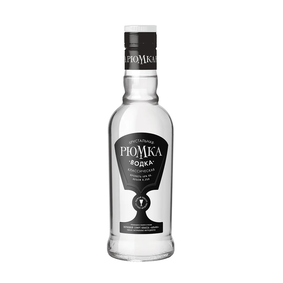 100 % Premium quality alcoholic drink 250 ml 40% Classic strong and clean taste 'Crystal wineglass' strong grain vodka
