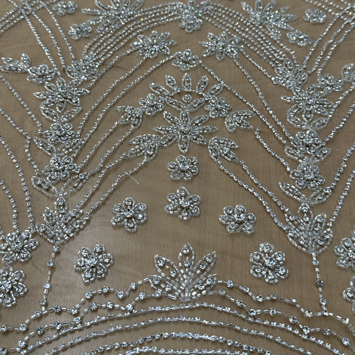 White Crystal Beaded sequin Manufacturer of beaded lace embroidery mesh fabric heavy beaded bridal lace fabric for wedding dress