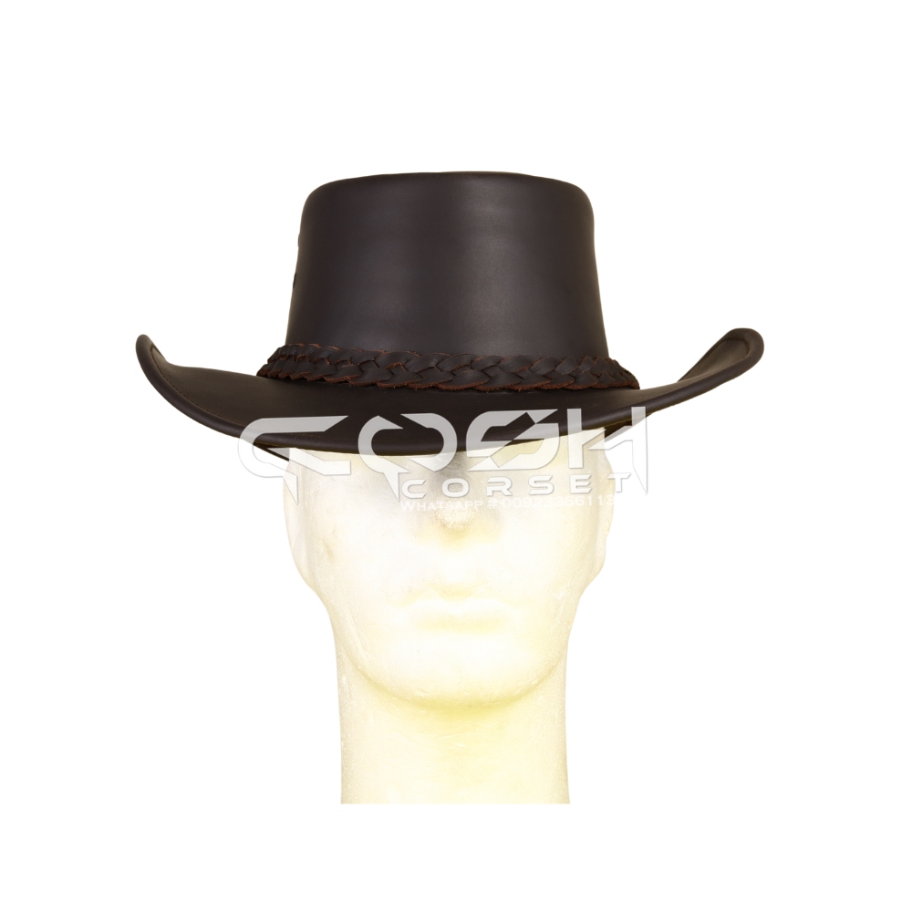 Handcrafted Plain Finish Classic Brown Leather Cowboy Hats For Adventurous Travelers