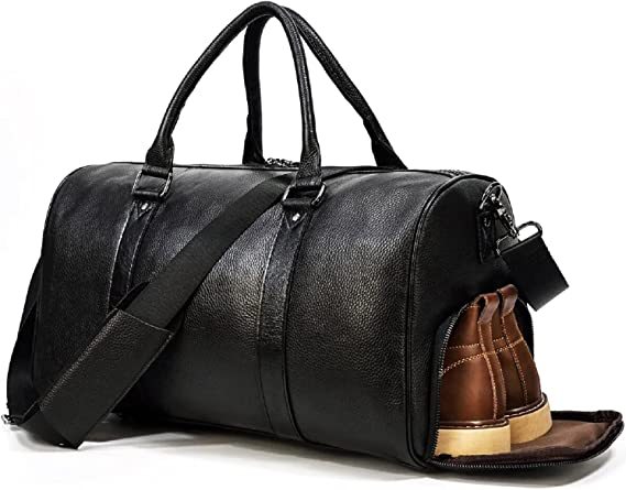 Large Genuine Leather Travel Bag for Sports/Flight Cabin Black Overnight Weekend Luggage with Custom Logo Pattern