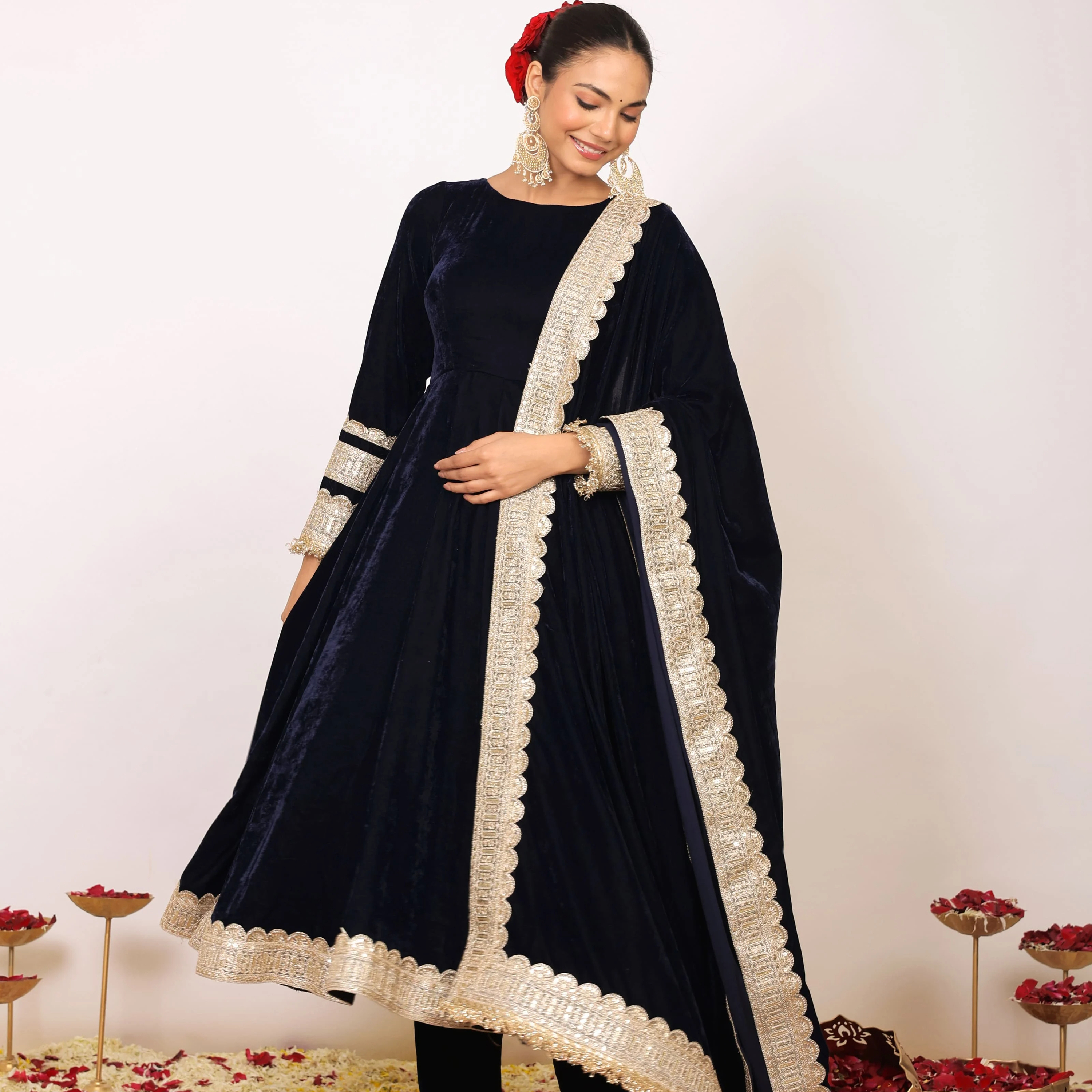 2024 Trending Design Rich Dark Blue Velvet Fabric Adds A Touch Of Reality While The Anarkali Silhouette Exudes Timeless Grace