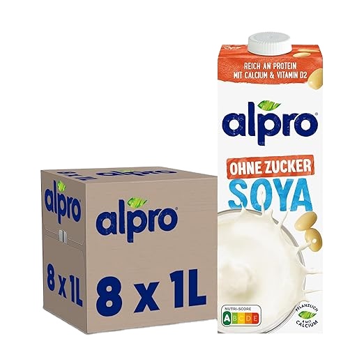 Alpro Soy Drink Without Sugar, 8 x 1 L, Durable, Source of Calcium and Vitamins, Sugar-Free, Gluten-Free, Low Fat, Lactose Free,