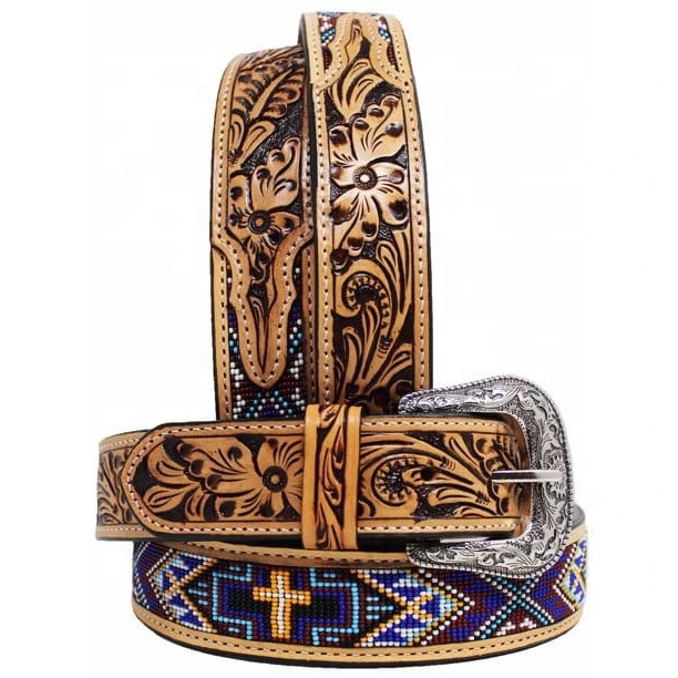 Handmade Beaded Full Grain Heavy Duty Belt Premium Cow Hide Custom Beaded Designs Luxury Belts at Wholesale Price Best Seller