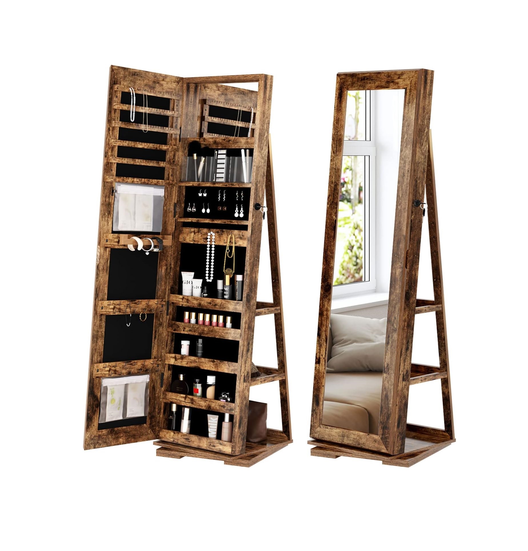 Jewelry Storage Cabinet with Mirror, 360 Rotating Jewelry Organizer Hanging, Full Length Mirror Wooden Jewelry Boxes