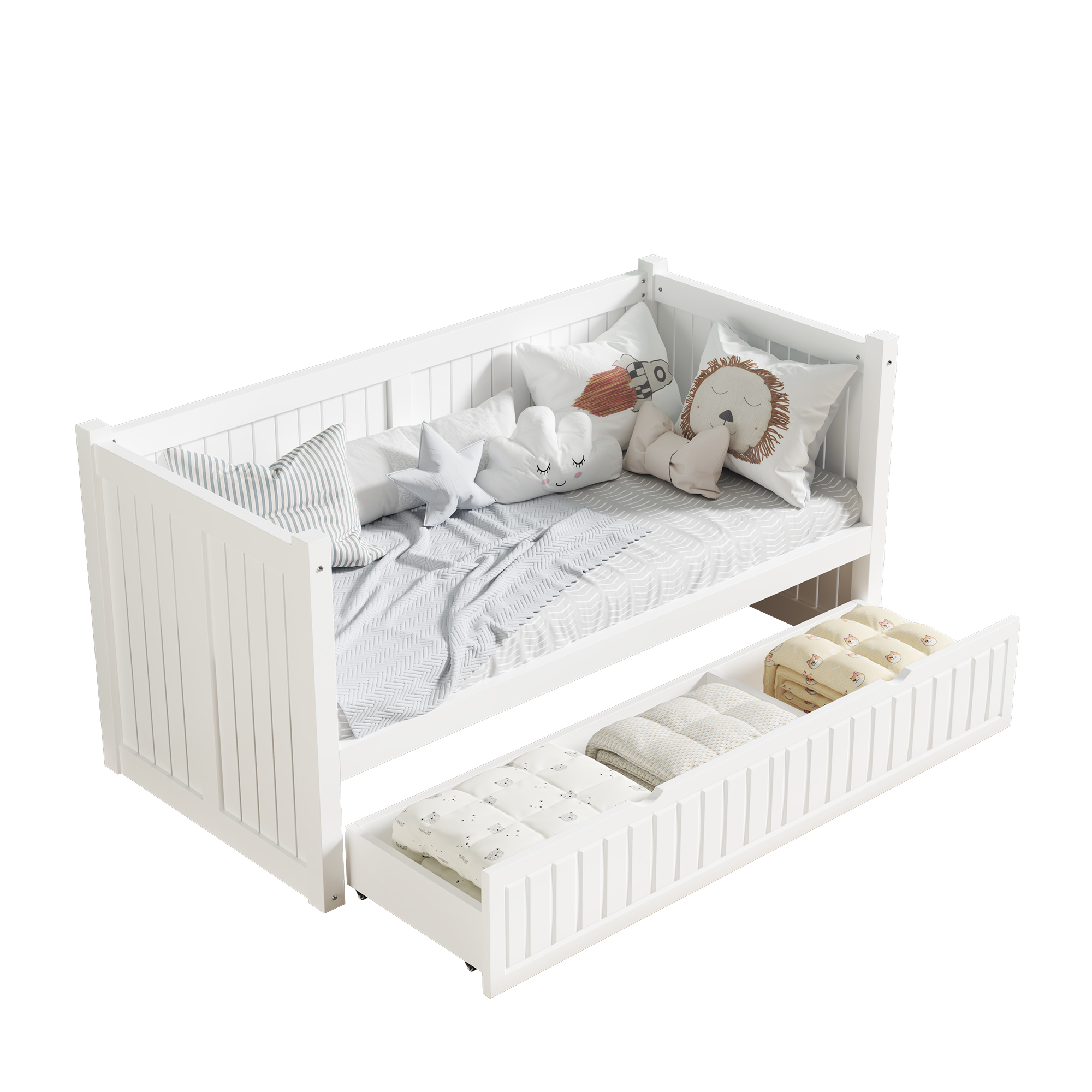 2025 Solid Pine Wood Kids Bed with 2 Drawers Toddler Bed Extension for Bedroom Home Furniture for Dining and Living Room