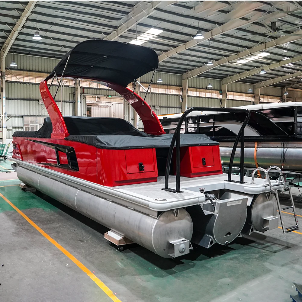 27 FT Luxury Aluminum Work Pontoon Party Boat Customized Fiberglass Yacht Factory Tritoon Rowing Boats For OEM and ODM