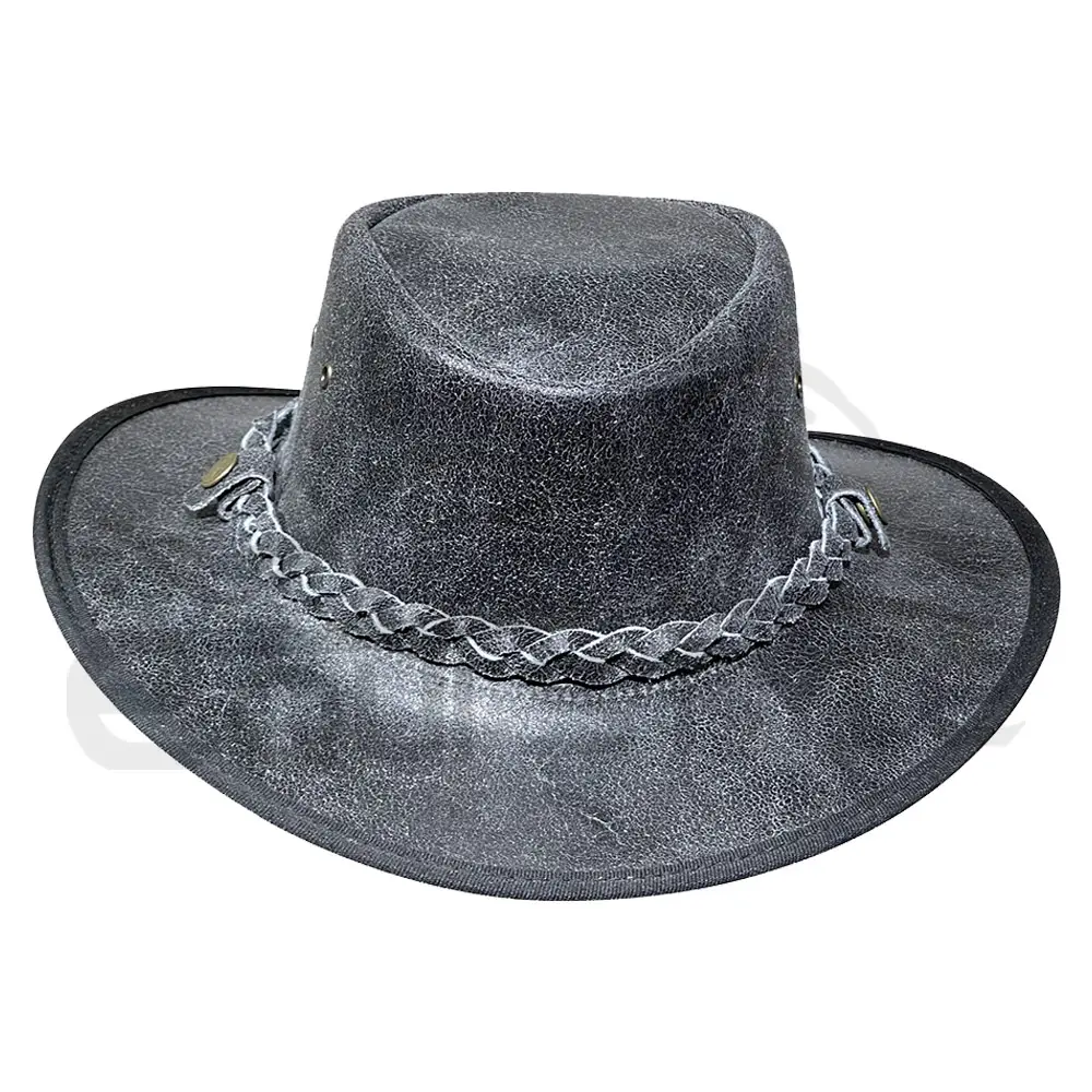 Classic Style Leather Australian Hat Light Gray Color with Plain Black Strap Hatband Custom Logo Inner Print Real Leather Hat