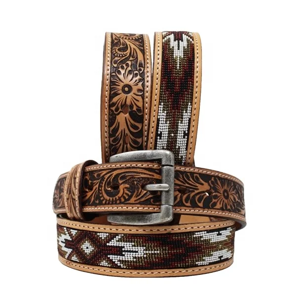 Rodeo Cowhide Leather Western Beaded Belt With Floral Hand Tooled Design At Best Price For Men & Women