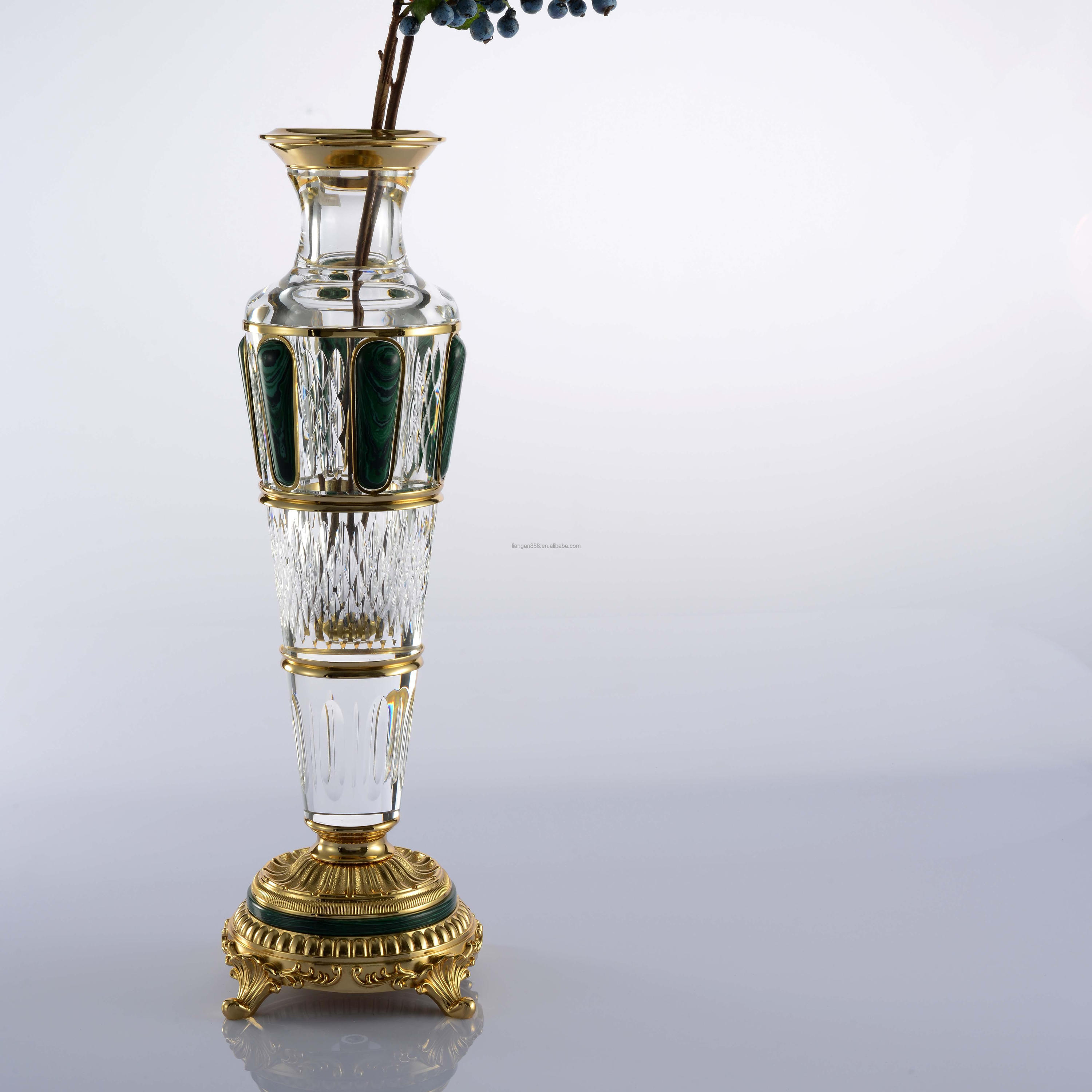 Modern Home Decor Luxury Handcut Malachite Brass Crystal and Peacock Stone Tube Nordic Vintage Flower Vase for Home Decoration