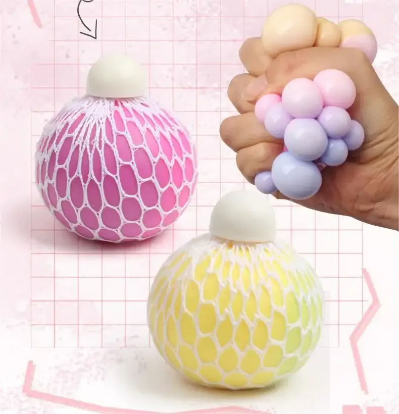 Jincan Unisex Toy Special Design Change Colour Stress Relief Fidget Grape Ball Mesh Squishy Squeeze for 5 7 Years TPR Material