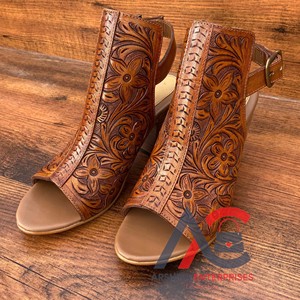 Luxurious Genuine Leather Heeled Sandals for Women - Hand Tooled Western Fashion Wedges