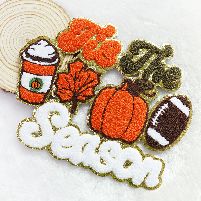 Wholesale Halloween Chenille Pumpkin Patches Adhesive Iron On Gold Glitter Ghost Face Patches For Clothing And Bags