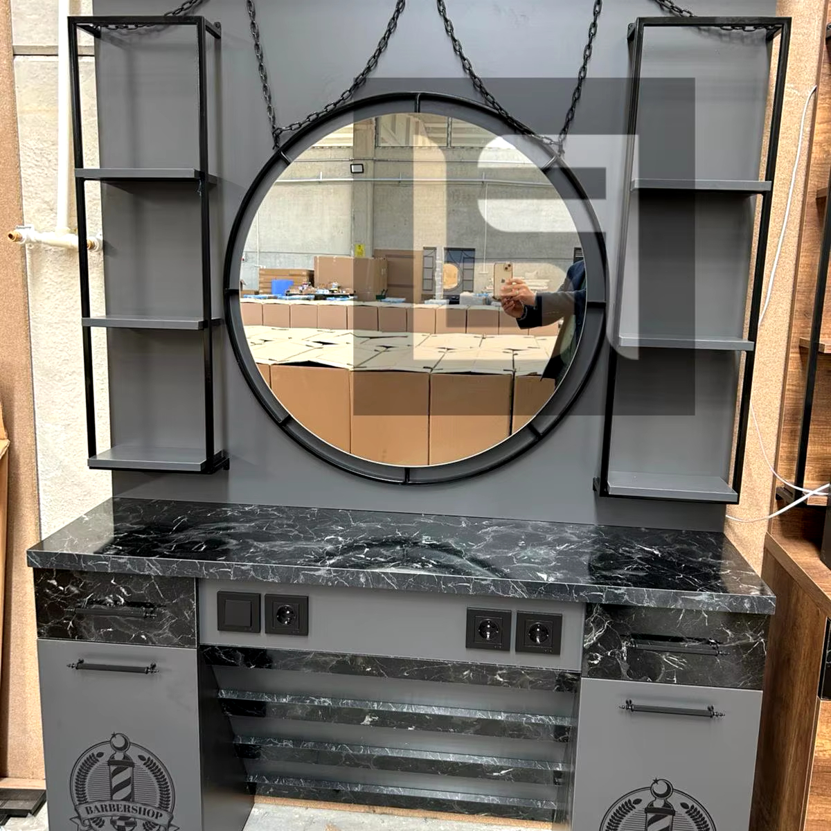 Storage Salon Mirror Wooden black and grey Barber Station Glass Beauty Salon Barber Shop Furniture Vintage with Hair Wash Sink