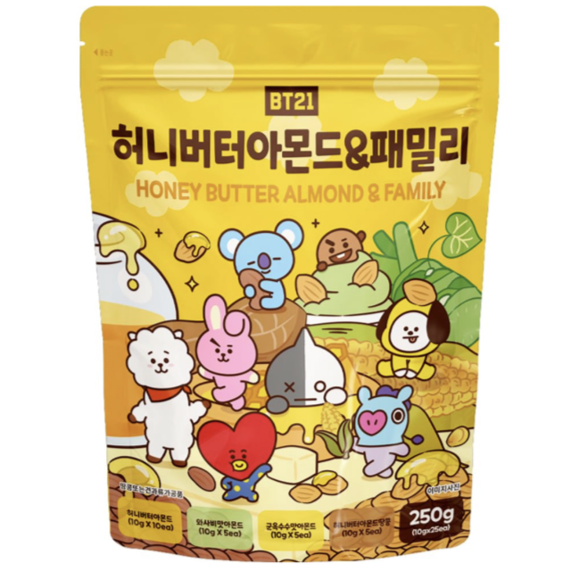 BT21 Almonds Natural Raw Snack Nuts Resealable Bag, Family pack korea 250g 12 packs Ounce Container BTS snack Kpop